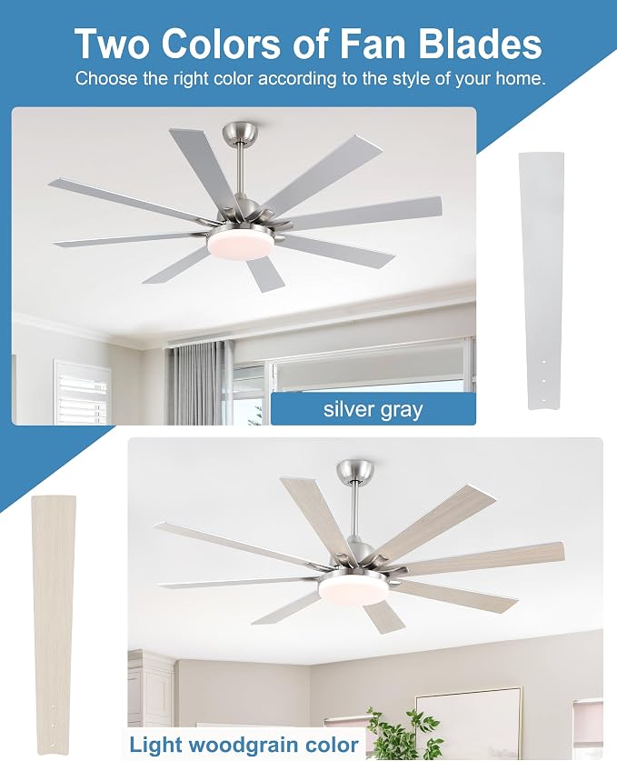 62 Inch Ceiling Fans with Lights,Large Modern Ceiling fan with Remote and 8 Wooden Blades,Dimmable,6 Speeds,Noiseless