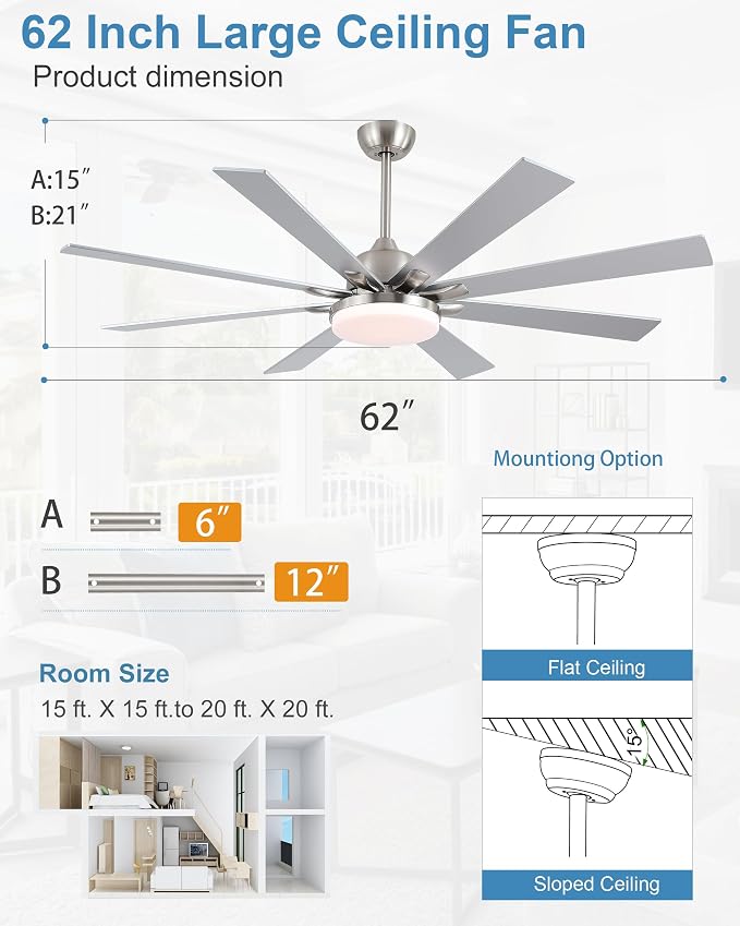 62 Inch Ceiling Fans with Lights,Large Modern Ceiling fan with Remote and 8 Wooden Blades,Dimmable,6 Speeds,Noiseless