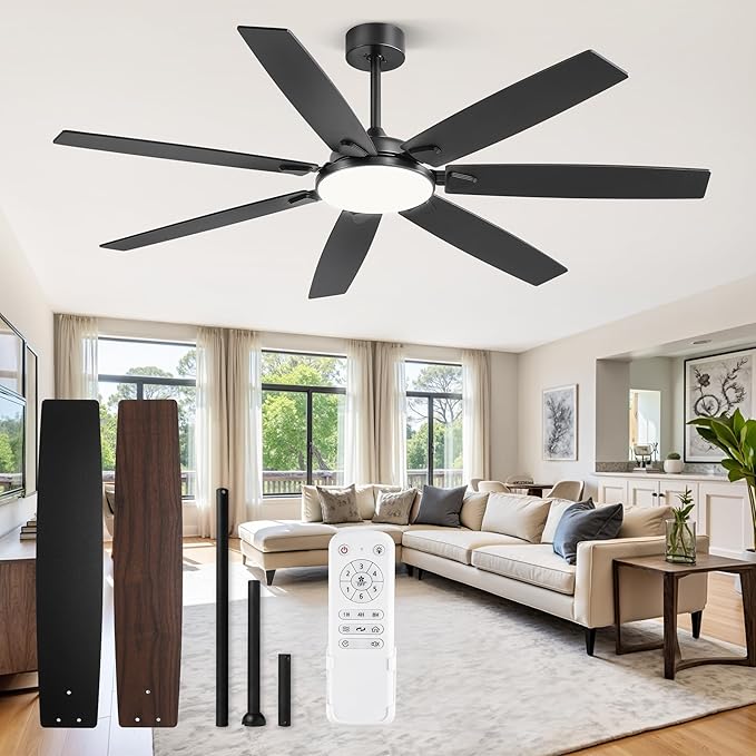 62 Inch Large Ceiling Fans with Lights and Remote, Black Modern Ceiling Fan with 3CCT LED Light, Quiet DC