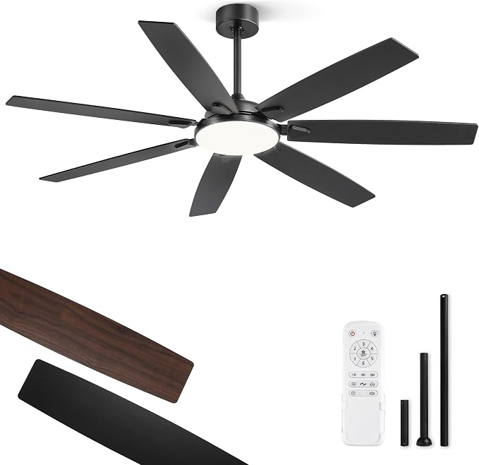 62 Inch Large Ceiling Fans with Lights and Remote, Black Modern Ceiling Fan with 3CCT LED Light, Quiet DC