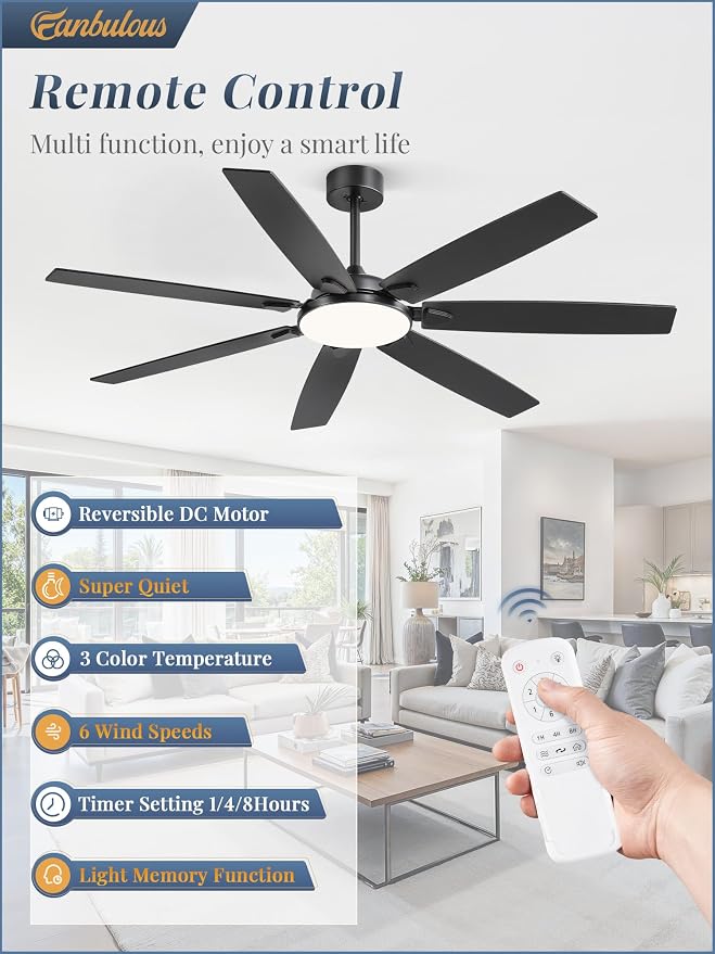62 Inch Large Ceiling Fans with Lights and Remote, Black Modern Ceiling Fan with 3CCT LED Light, Quiet DC