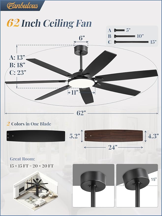 62 Inch Large Ceiling Fans with Lights and Remote, Black Modern Ceiling Fan with 3CCT LED Light, Quiet DC