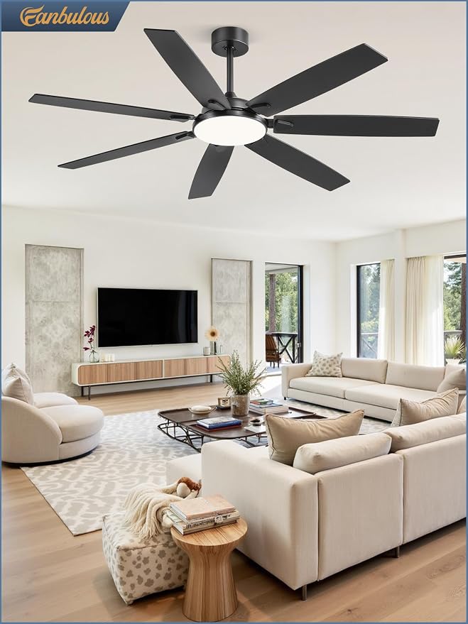 62 Inch Large Ceiling Fans with Lights and Remote, Black Modern Ceiling Fan with 3CCT LED Light, Quiet DC