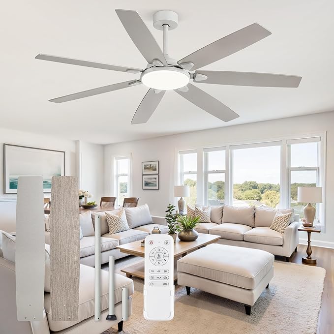62 Inch Large Ceiling Fans with Lights and Remote, Grey Modern Ceiling Fan with 3CCT LED Light, Quiet DC Motor,Indoor/Outdoor