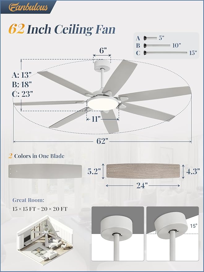 62 Inch Large Ceiling Fans with Lights and Remote, Grey Modern Ceiling Fan with 3CCT LED Light, Quiet DC Motor,Indoor/Outdoor