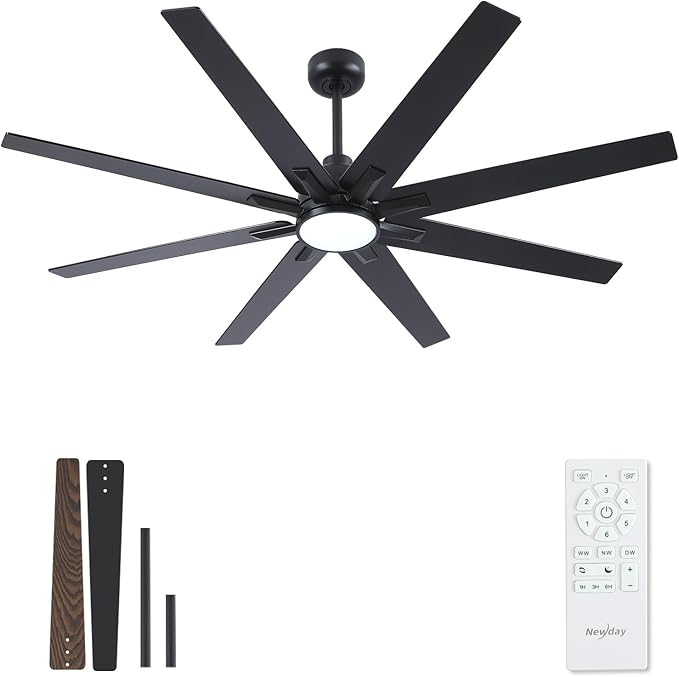 62 inch Large Ceiling Fans with Lights and Remote, Indoor/Outdoor Black Ceiling Fan for Living Room Patio, 6 Speeds Slient