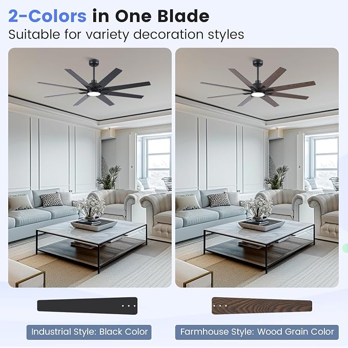 62 inch Large Ceiling Fans with Lights and Remote, Indoor/Outdoor Black Ceiling Fan for Living Room Patio, 6 Speeds Slient