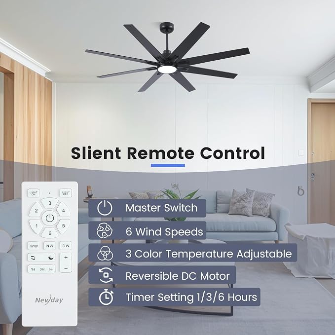 62 inch Large Ceiling Fans with Lights and Remote, Indoor/Outdoor Black Ceiling Fan for Living Room Patio, 6 Speeds Slient