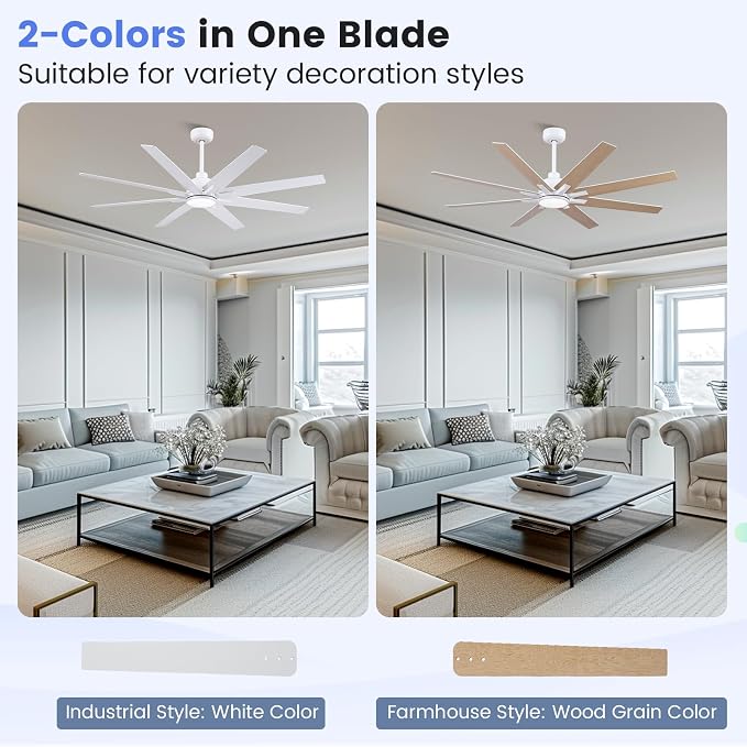 62 inch Large Ceiling Fans with Lights and Remote, Indoor/Outdoor White Ceiling Fan for Living Room Patio, 6 Speeds Slient