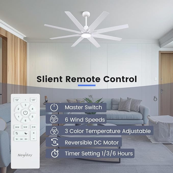 62 inch Large Ceiling Fans with Lights and Remote, Indoor/Outdoor White Ceiling Fan for Living Room Patio, 6 Speeds Slient