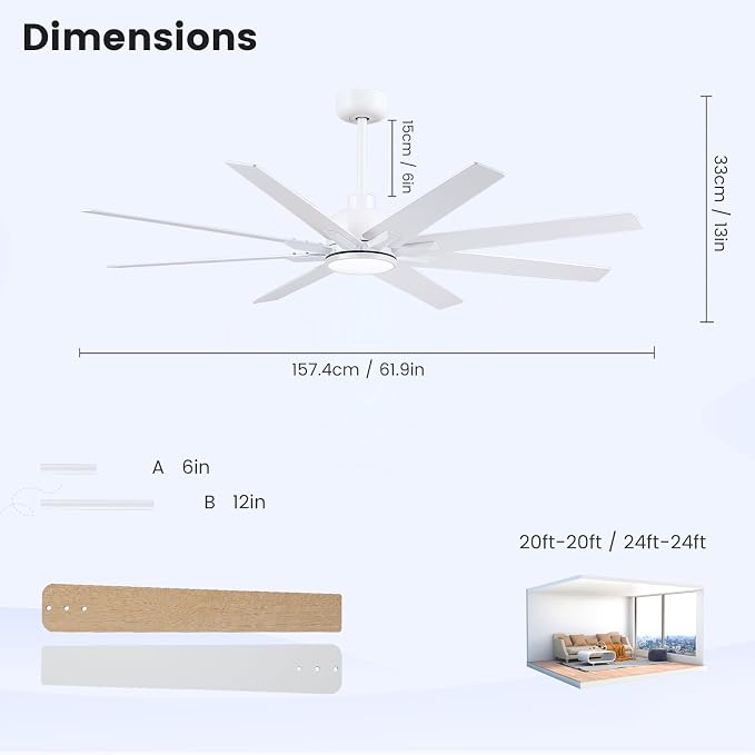 62 inch Large Ceiling Fans with Lights and Remote, Indoor/Outdoor White Ceiling Fan for Living Room Patio, 6 Speeds Slient