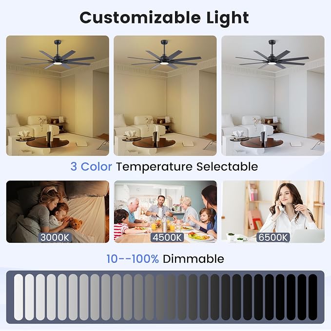 62 inch Large Ceiling Fans with Lights and Remote, Indoor/Outdoor Black Modern Ceiling Fan for Kitchen Living Room Patio, 6