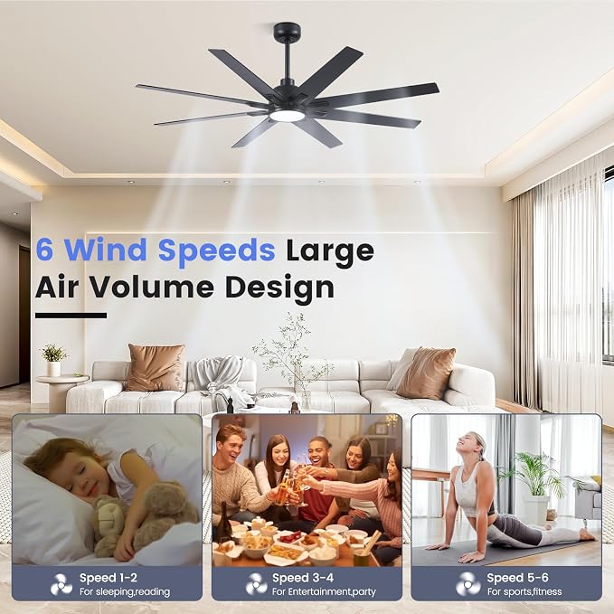 62 inch Large Ceiling Fans with Lights and Remote, Indoor/Outdoor Black Modern Ceiling Fan for Kitchen Living Room Patio, 6