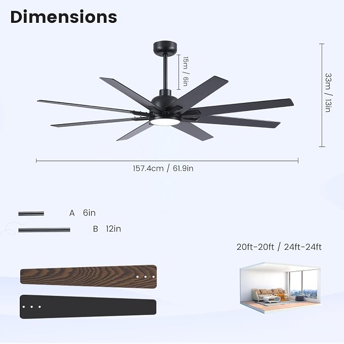 62 inch Large Ceiling Fans with Lights and Remote, Indoor/Outdoor Black Modern Ceiling Fan for Kitchen Living Room Patio, 6