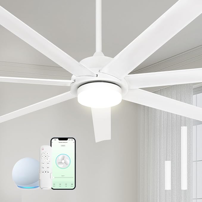 62 Inch Large Smart Ceiling Fan with Alexa or App,White Ceiling Fan with Light and Remote,6 Speed,3CCT,Quiet DC Motor Outdoor