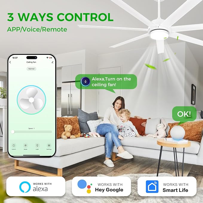 62 Inch Large Smart Ceiling Fan with Alexa or App,White Ceiling Fan with Light and Remote,6 Speed,3CCT,Quiet DC Motor Outdoor