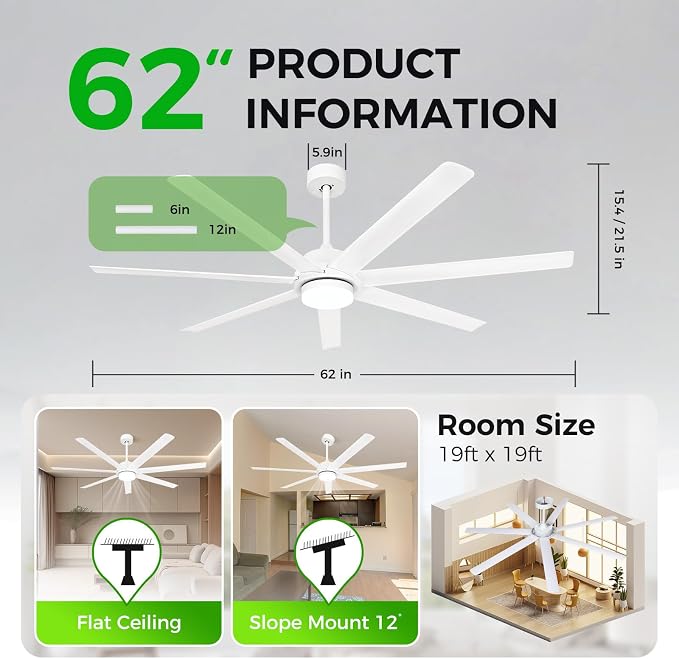 62 Inch Large Smart Ceiling Fan with Alexa or App,White Ceiling Fan with Light and Remote,6 Speed,3CCT,Quiet DC Motor Outdoor
