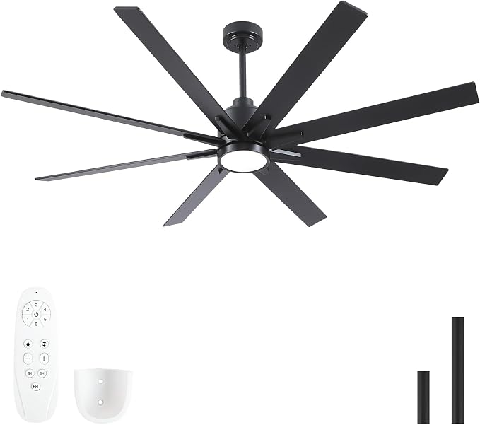 62 Inch Solid Wood Large Ceiling Fans with Lights and Remote, Black Blades, 3CCT Dimmable LED, 6-Speed Reversible DC Motor