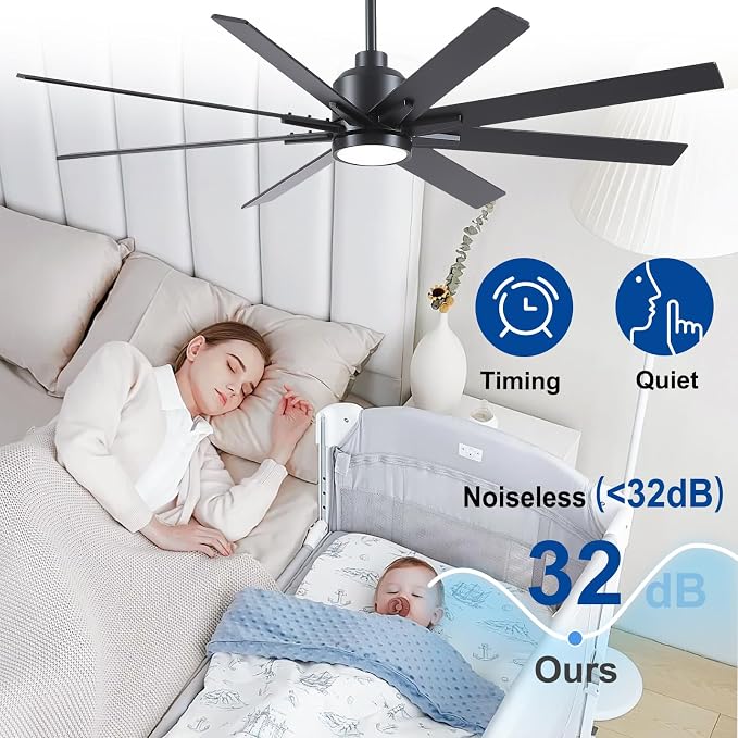 62 Inch Solid Wood Large Ceiling Fans with Lights and Remote, Black Blades, 3CCT Dimmable LED, 6-Speed Reversible DC Motor