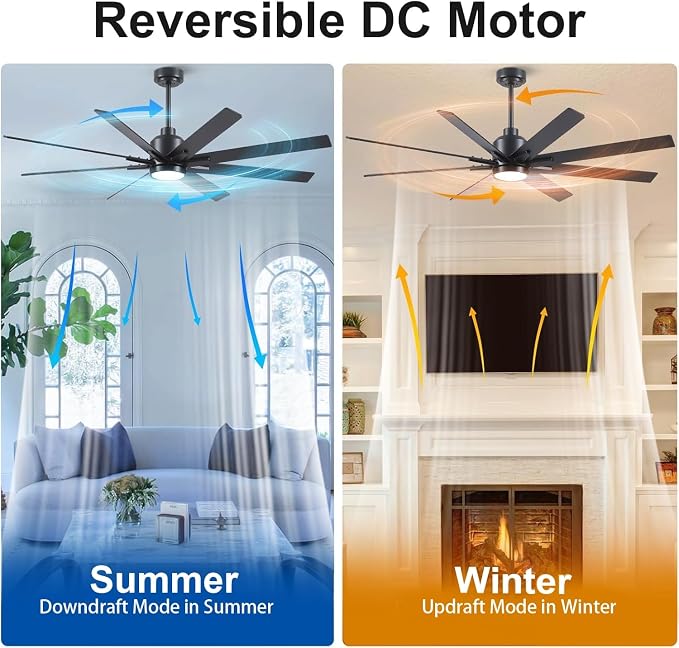 62 Inch Solid Wood Large Ceiling Fans with Lights and Remote, Black Blades, 3CCT Dimmable LED, 6-Speed Reversible DC Motor