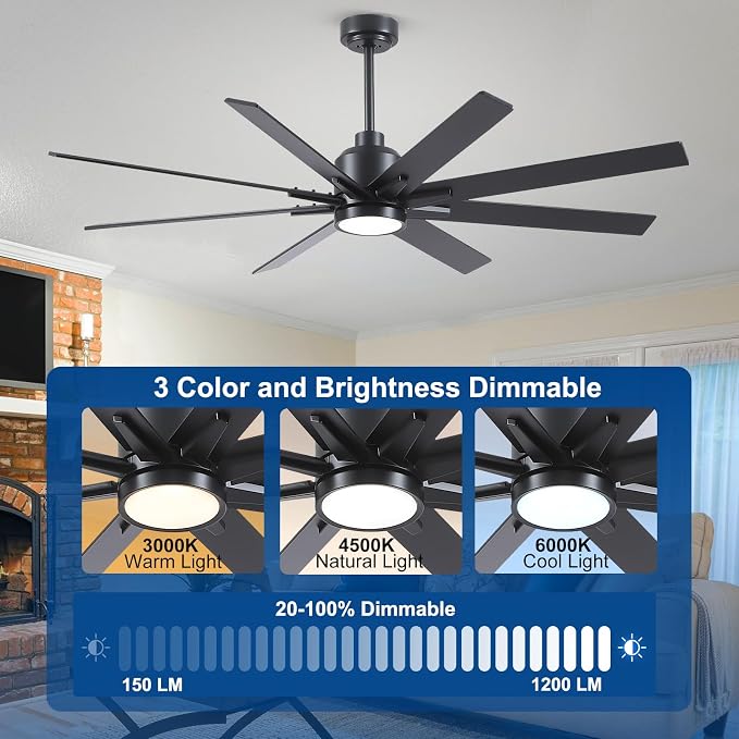 62 Inch Solid Wood Large Ceiling Fans with Lights and Remote, Black Blades, 3CCT Dimmable LED, 6-Speed Reversible DC Motor