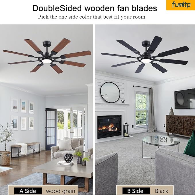 62" Large Ceiling Fans with Lights and Remote Control, 8 Double-Sided Blades with 6-Speed Reversible DC Motor and Quiet &