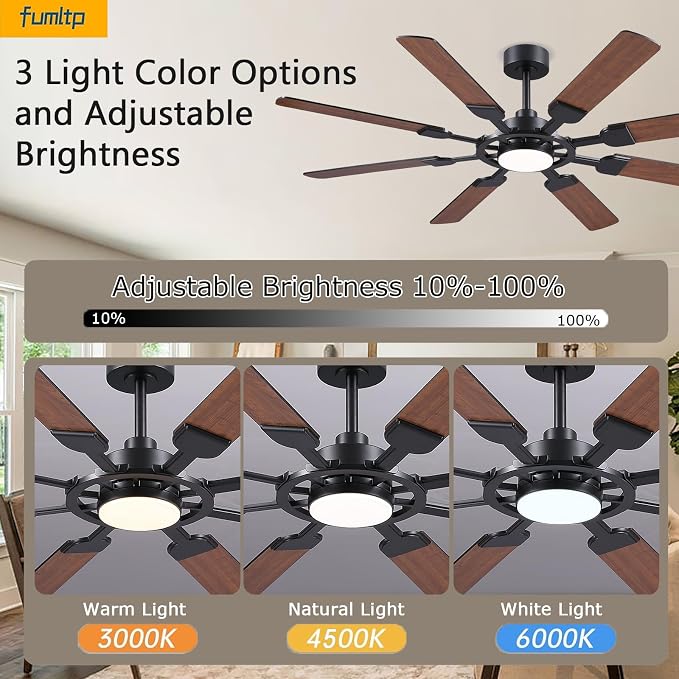62" Large Ceiling Fans with Lights and Remote Control, 8 Double-Sided Blades with 6-Speed Reversible DC Motor and Quiet &
