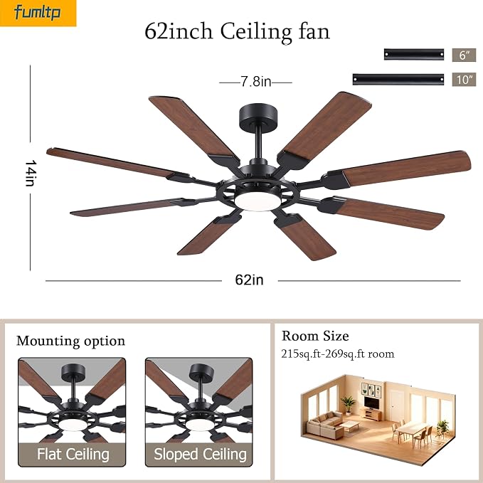 62" Large Ceiling Fans with Lights and Remote Control, 8 Double-Sided Blades with 6-Speed Reversible DC Motor and Quiet &