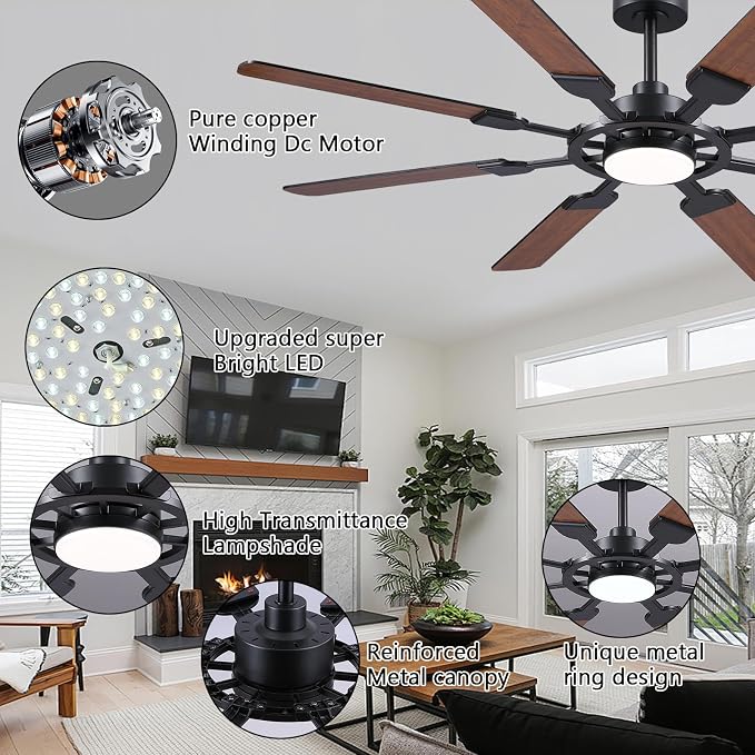 62" Large Ceiling Fans with Lights and Remote Control, 8 Double-Sided Blades with 6-Speed Reversible DC Motor and Quiet &