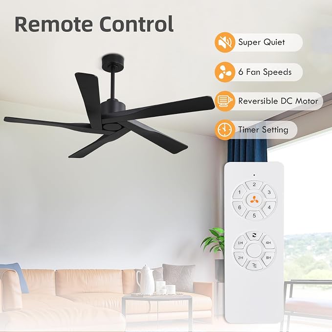 64" ABS DC Ceiling Fan No Light, 5 Blade ABS Plastic Ceiling Fan with Remote, 6-Speed Reversible DC Motor, alternate view 2