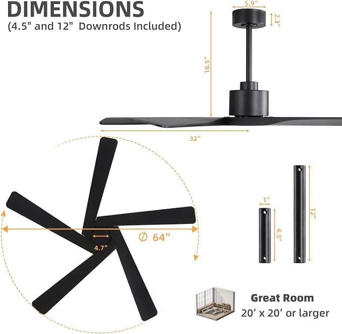 64" ABS DC Ceiling Fan No Light, 5 Blade ABS Plastic Ceiling Fan with Remote, 6-Speed Reversible DC Motor, alternate view 3