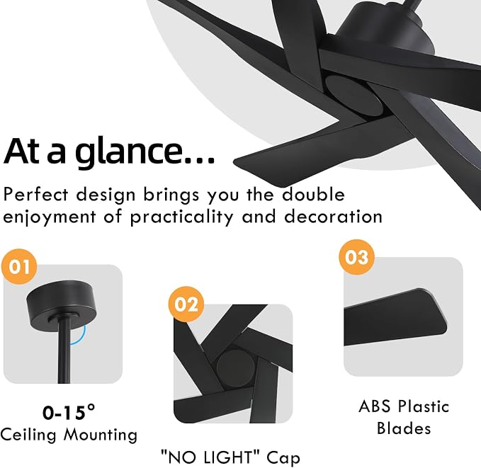 64" ABS DC Ceiling Fan No Light, 5 Blade ABS Plastic Ceiling Fan with Remote, 6-Speed Reversible DC Motor, alternate view 5