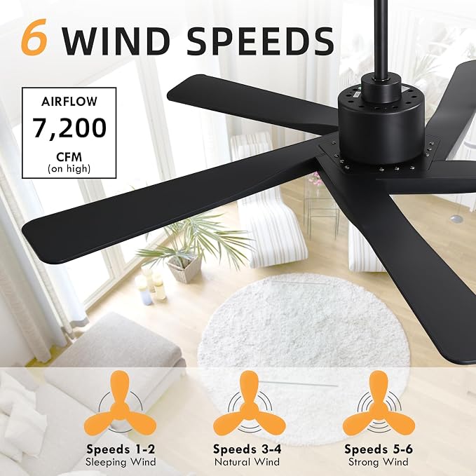 64" ABS DC Ceiling Fan No Light, 5 Blade ABS Plastic Ceiling Fan with Remote, 6-Speed Reversible DC Motor, alternate view 7
