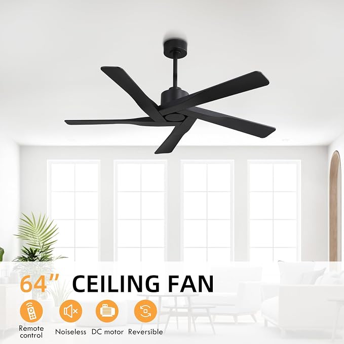 64" ABS DC Ceiling Fan No Light, 5 Blade ABS Plastic Ceiling Fan with Remote, 6-Speed Reversible DC Motor, alternate view 8