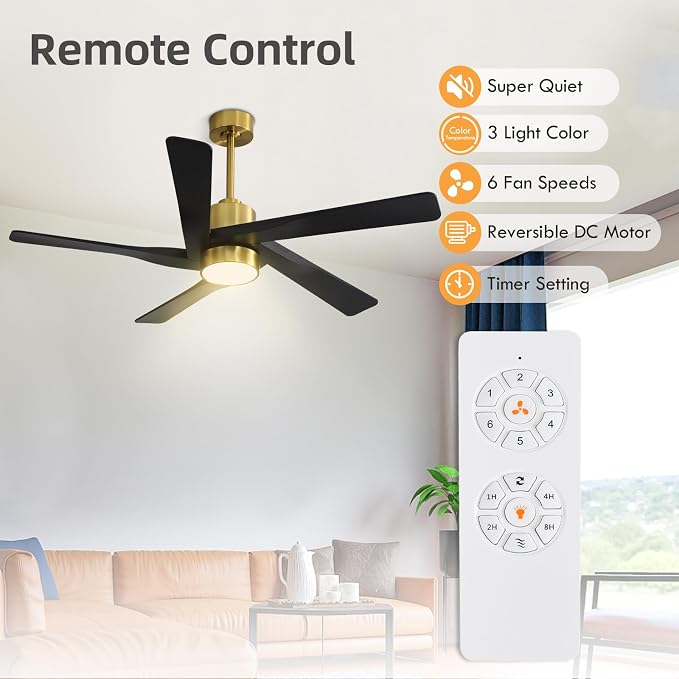 64" ABS DC Ceiling Fan with Lights, 5 Blade ABS Plastic Ceiling Fan with Remote, 6-Speed Reversible DC Motor, LED Ceiling
