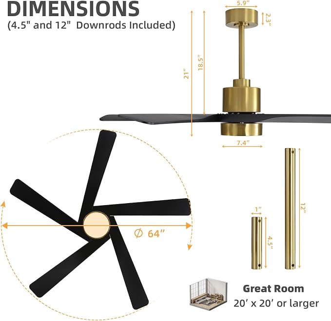 64" ABS DC Ceiling Fan with Lights, 5 Blade ABS Plastic Ceiling Fan with Remote, 6-Speed Reversible DC Motor, LED Ceiling