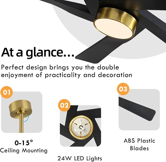 64" ABS DC Ceiling Fan with Lights, 5 Blade ABS Plastic Ceiling Fan with Remote, 6-Speed Reversible DC Motor, LED Ceiling