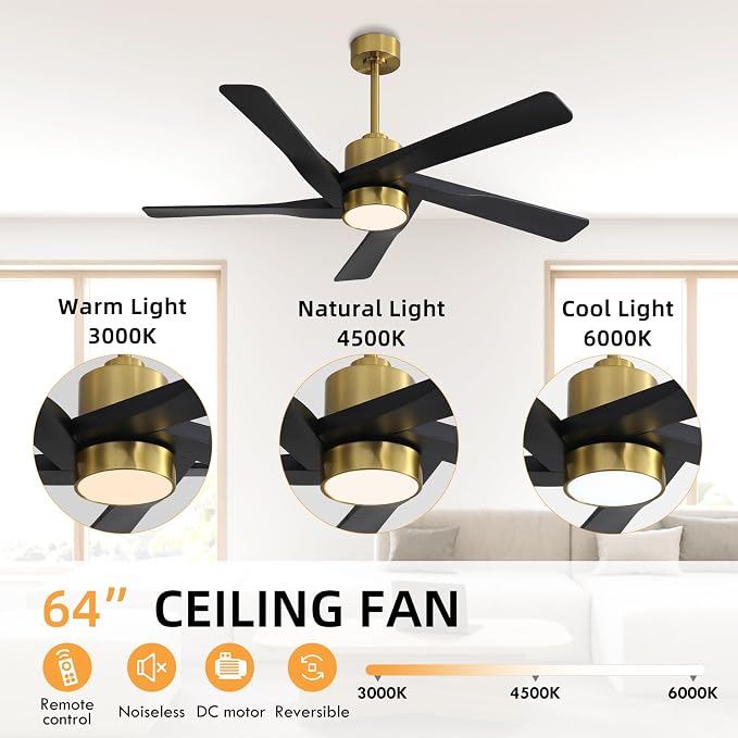 64" ABS DC Ceiling Fan with Lights, 5 Blade ABS Plastic Ceiling Fan with Remote, 6-Speed Reversible DC Motor, LED Ceiling
