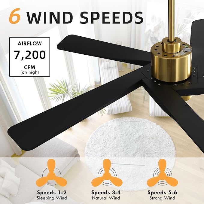 64" ABS DC Ceiling Fan with Lights, 5 Blade ABS Plastic Ceiling Fan with Remote, 6-Speed Reversible DC Motor, LED Ceiling