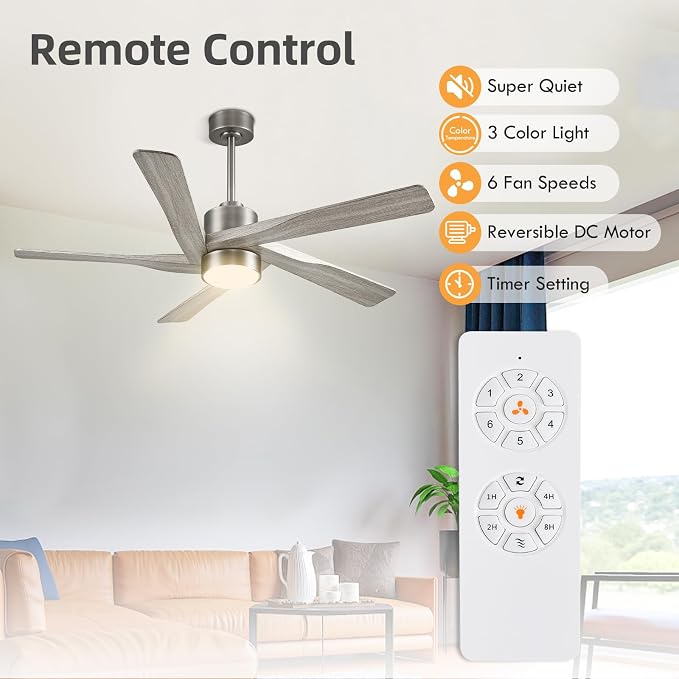 64" ABS DC Ceiling Fan with Lights, 5 Blade ABS Wood Grain Ceiling Fan with Remote, 6-Speed Reversible DC Motor, LED Ceiling