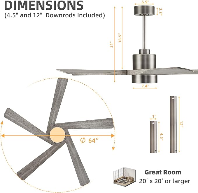 64" ABS DC Ceiling Fan with Lights, 5 Blade ABS Wood Grain Ceiling Fan with Remote, 6-Speed Reversible DC Motor, LED Ceiling