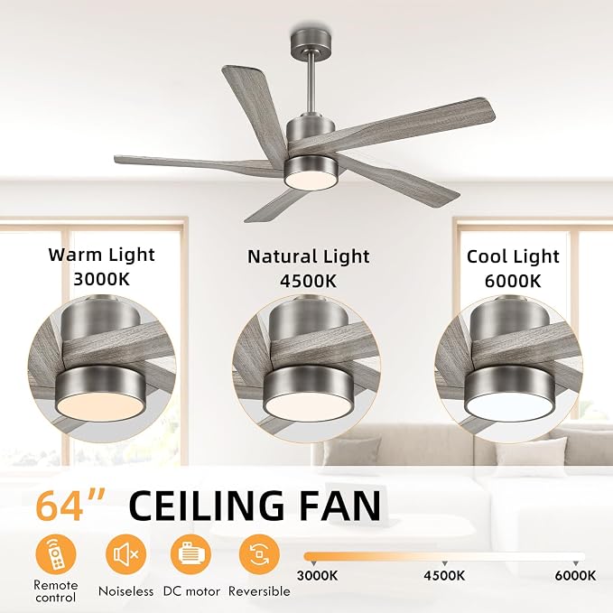 64" ABS DC Ceiling Fan with Lights, 5 Blade ABS Wood Grain Ceiling Fan with Remote, 6-Speed Reversible DC Motor, LED Ceiling