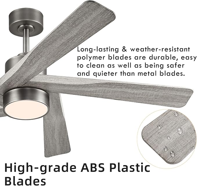 64" ABS DC Ceiling Fan with Lights, 5 Blade ABS Wood Grain Ceiling Fan with Remote, 6-Speed Reversible DC Motor, LED Ceiling
