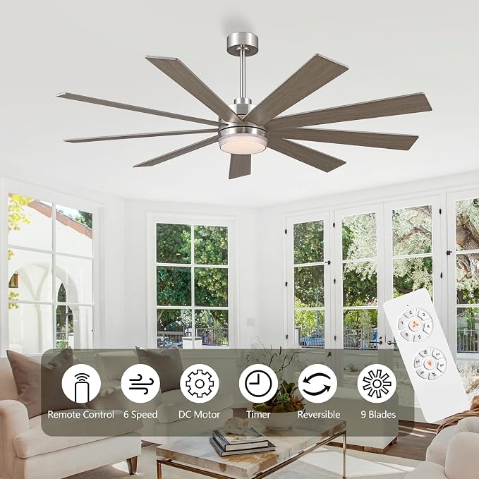 64" Ceiling Fan with Light, 6-Speed Remote Control, Reversible DC Motor, Modern 9 Blades with 4.5"/12" Downrods for Home or