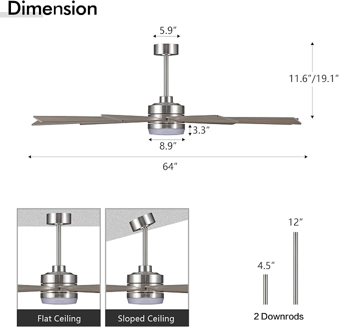 64" Ceiling Fan with Light, 6-Speed Remote Control, Reversible DC Motor, Modern 9 Blades with 4.5"/12" Downrods for Home or