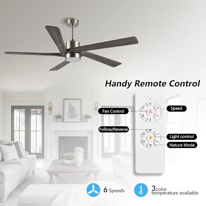 64 Inch DC Ceiling Fan with Lights and Remote Control, 5 Reversible Carved Wood Blades, 6-Speed Noiseless DC Motor, Modern