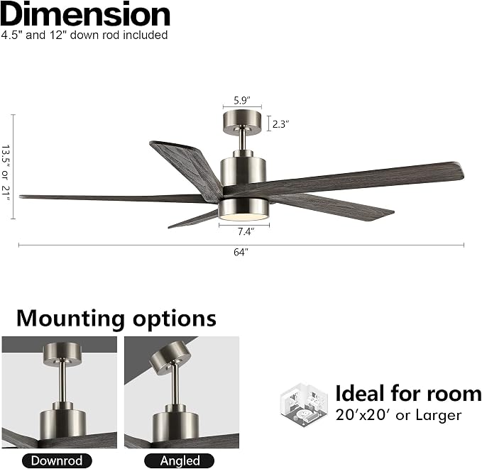 64 Inch DC Ceiling Fan with Lights and Remote Control, 5 Reversible Carved Wood Blades, 6-Speed Noiseless DC Motor, Modern