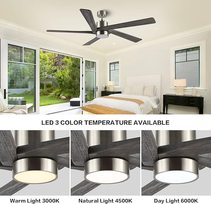 64 Inch DC Ceiling Fan with Lights and Remote Control, 5 Reversible Carved Wood Blades, 6-Speed Noiseless DC Motor, Modern