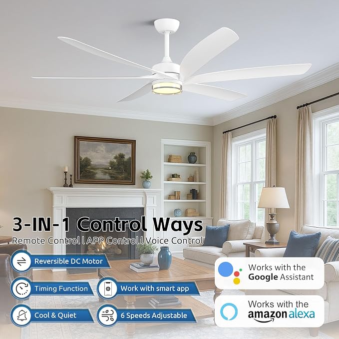 64 Inch Smart Outdoor Ceiling Fan with Lights, White Modern Ceiling Fan, Alexa/App/Remote Control, All Weather Wet Rated