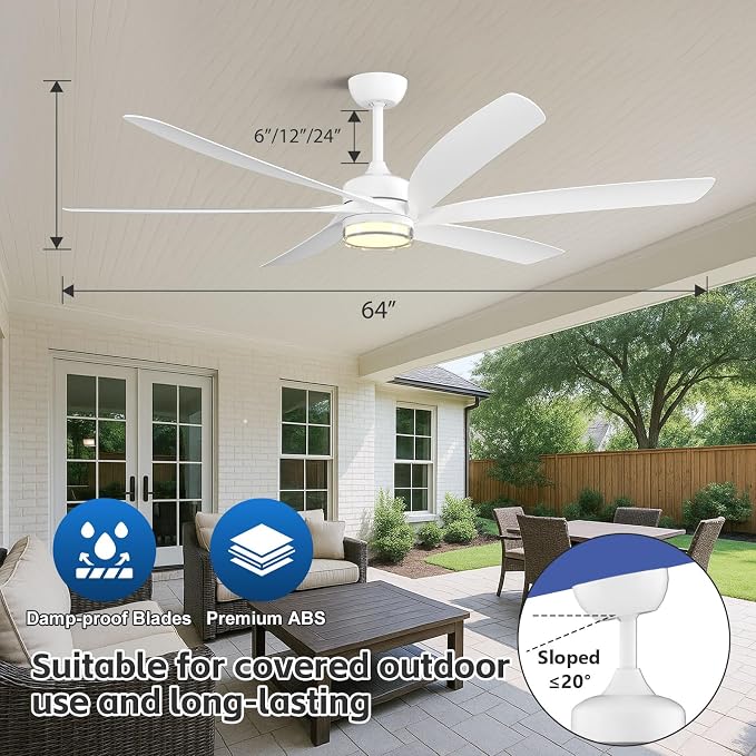64 Inch Smart Outdoor Ceiling Fan with Lights, White Modern Ceiling Fan, Alexa/App/Remote Control, All Weather Wet Rated
